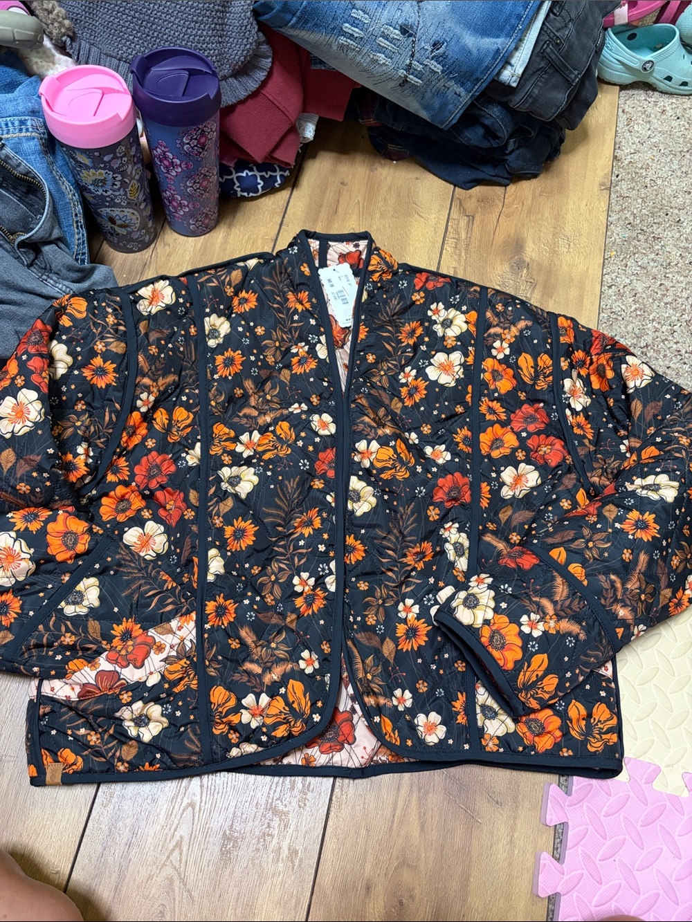 Simply Southern Black Quilted Jacket with Orange & Cream Floral Print